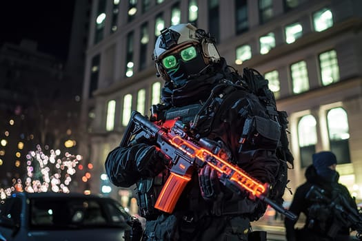 A soldier in a black military uniform with a machine gun in the city, wearing a helmet, a military cyborg stands on a city street at night