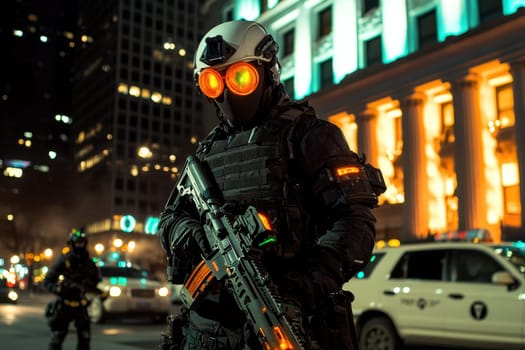 A soldier in a black military uniform with a machine gun in the city, wearing a helmet, a military cyborg stands on a city street at night