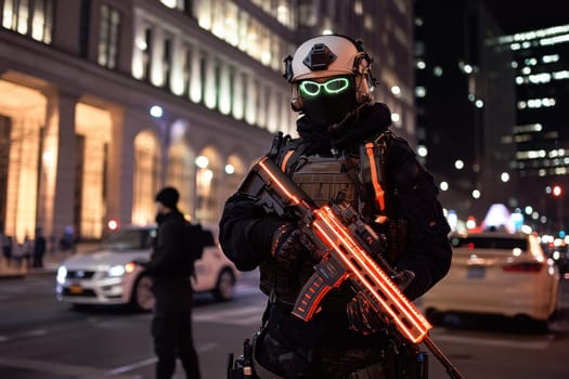 A soldier in a black military uniform with a machine gun in the city, wearing a helmet, a military cyborg stands on a city street at night