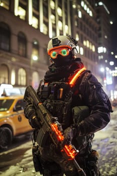 A soldier in a black military uniform with a machine gun in the city, wearing a helmet, a military cyborg stands on a city street at night