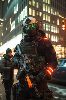A soldier in a black military uniform with a machine gun in the city, wearing a helmet, a military cyborg stands on a city street at night