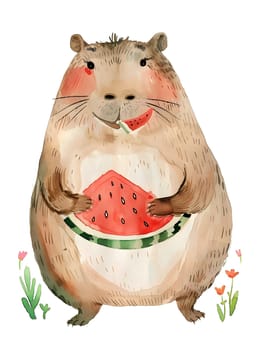 A terrestrial animal, the hamster, is enjoying a slice of watermelon. The fruit is placed on a small dishware, making it look like a toy painting illustration
