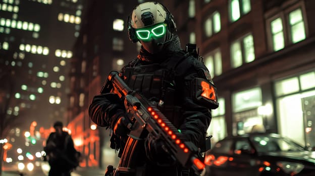 A soldier in a black military uniform with a machine gun in the city, wearing a helmet, a military cyborg stands on a city street at night
