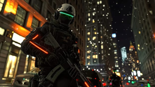 A soldier in a black military uniform with a machine gun in the city, wearing a helmet, a military cyborg stands on a city street at night