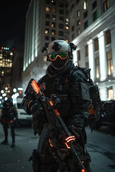 A soldier in a black military uniform with a machine gun in the city, wearing a helmet, a military cyborg stands on a city street at night