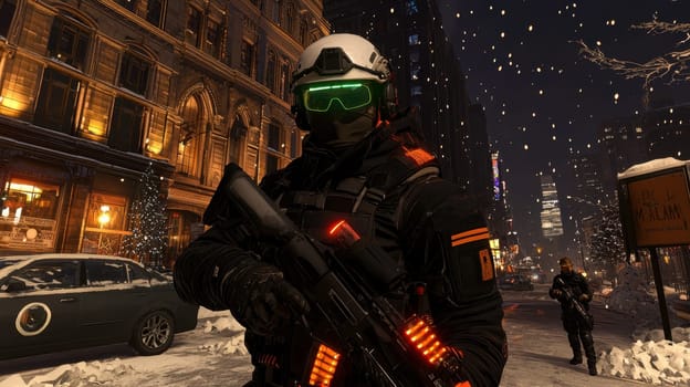 A soldier in a black military uniform with a machine gun in the city, wearing a helmet, a military cyborg stands on a city street at night