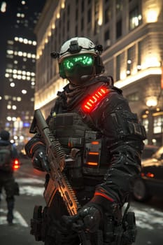 A soldier in a black military uniform with a machine gun in the city, wearing a helmet, a military cyborg stands on a city street at night