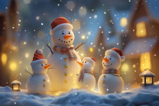 Christmas snowmen on a winter night street. Santa Claus Village Lapland Finland.