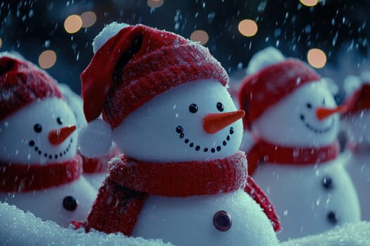 Christmas snowmen on a winter night street. Santa Claus Village Lapland Finland.