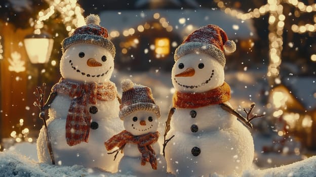Christmas snowmen on a winter night street. Santa Claus Village Lapland Finland.