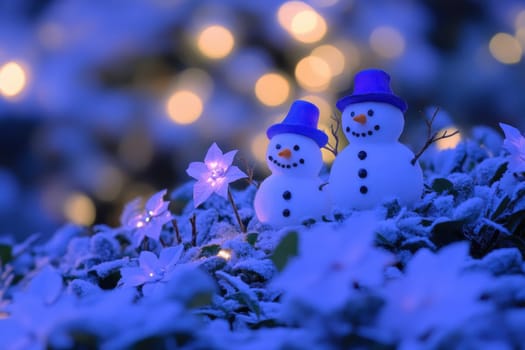 Christmas snowmen on a winter night street. Santa Claus Village Lapland Finland.