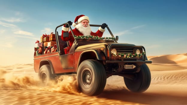 Santa Claus rides in an open car through the desert. Hot New Year.