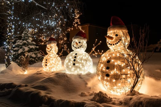 Christmas snowmen on a winter night street. Santa Claus Village Lapland Finland.