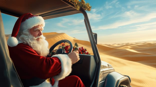 Santa Claus rides in an open car through the desert. Hot New Year.