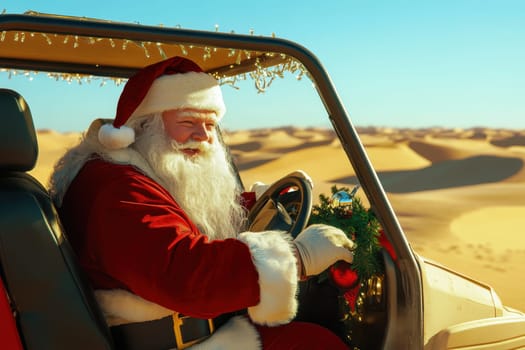 Santa Claus rides in an open car through the desert. Hot New Year.