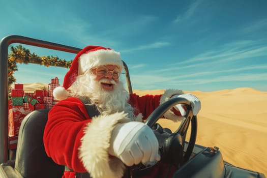 Santa Claus rides in an open car through the desert. Hot New Year.