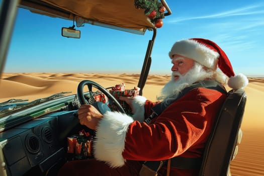 Santa Claus rides in an open car through the desert. Hot New Year.
