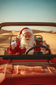 Santa Claus rides in an open car through the desert. Hot New Year.