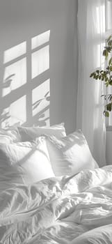 A bed with white sheets and pillows is placed in a bedroom next to a window in a blackandwhite house, surrounded by trees and plants