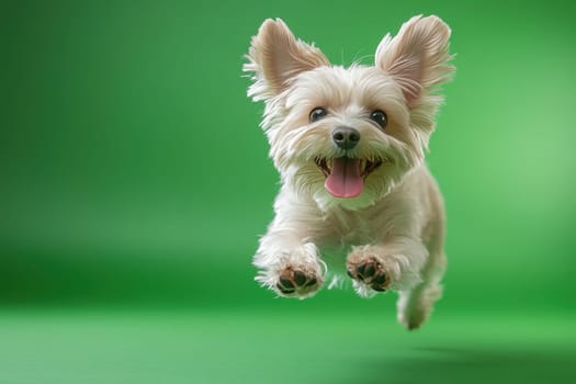 Dog jumping on green isolated background . Active dog in studio on chromakey background