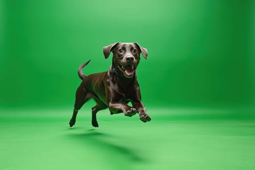Dog jumping on green isolated background. Active black dog in studio on chromakey background.