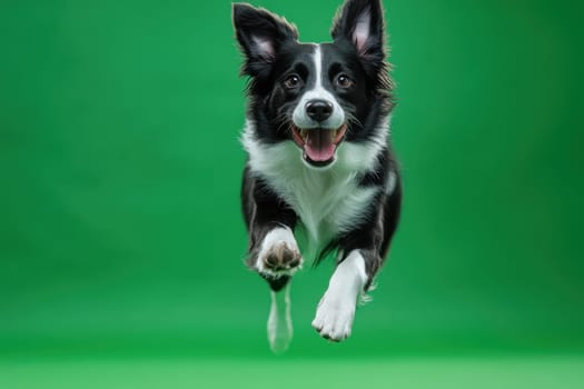 Dog jumping on green isolated background . Active dog in studio on chromakey background