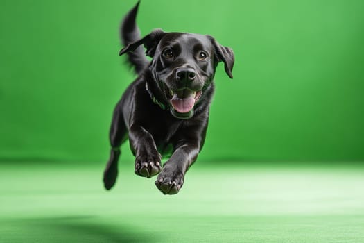 Dog jumping on green isolated background. Active black dog in studio on chromakey background.
