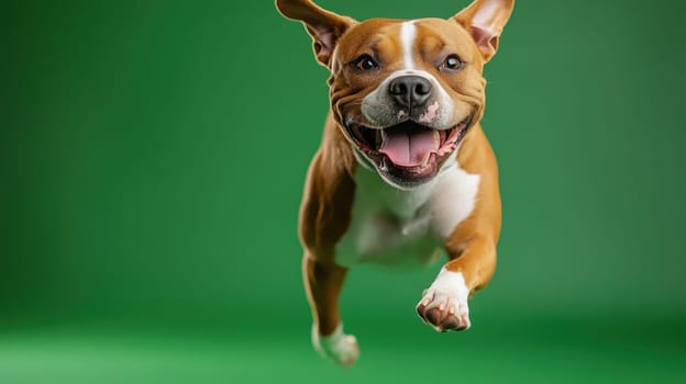 Dog jumping on green isolated background . Active dog in studio on chromakey background
