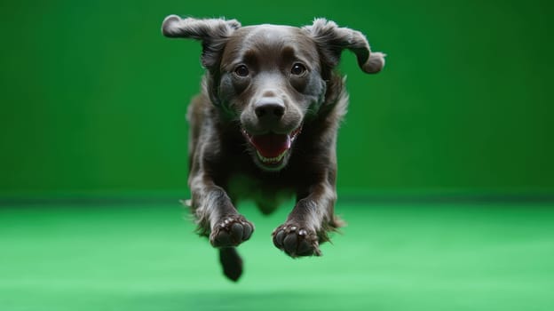 Dog jumping on green isolated background. Active black dog in studio on chromakey background.