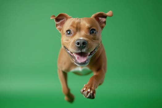 Dog jumping on green isolated background . Active dog in studio on chromakey background