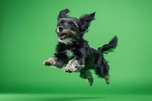 Dog jumping on green isolated background. Active black dog in studio on chromakey background.