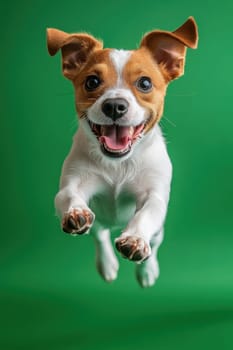 Dog jumping on green isolated background. Active Jack Russell in studio on chromakey background.