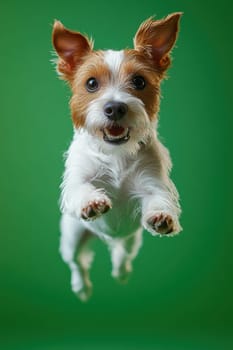 Dog jumping on green isolated background. Active Jack Russell in studio on chromakey background.