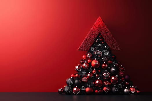 Stylish Christmas tree with decorations on a red background. Christmas tree with gifts. Christmas background. Festive decoration.