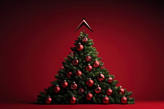 Stylish Christmas tree with decorations on a red background. Christmas tree with gifts. Christmas background. Festive decoration.
