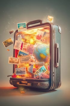 A magic suitcase with maps and a travel globe on a white background. The concept of a travel bag for a vacation.