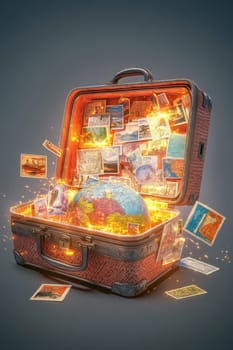 A magic suitcase with maps and a travel globe on a black background. The concept of a travel bag for a vacation.