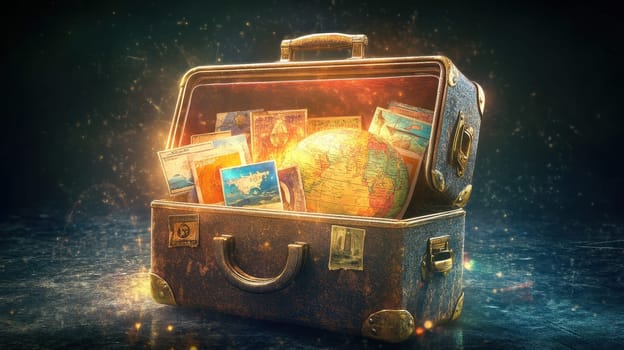 A magic suitcase with maps and a travel globe on a black background. The concept of a travel bag for a vacation.