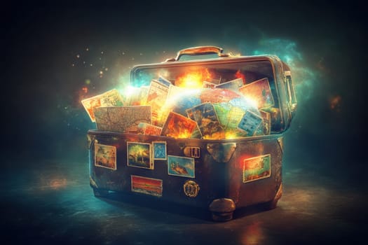 A magic suitcase with maps and a travel globe on a black background. The concept of a travel bag for a vacation.