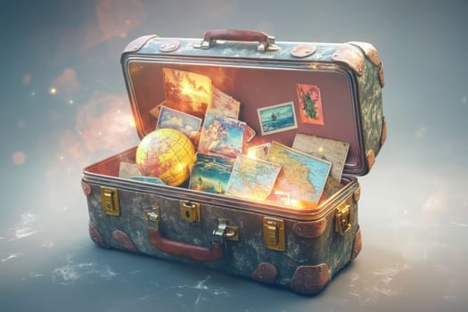 A magic suitcase with maps and a travel globe on a white background. The concept of a travel bag for a vacation.