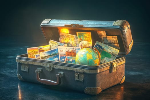 A magic suitcase with maps and a travel globe on a black background. The concept of a travel bag for a vacation.