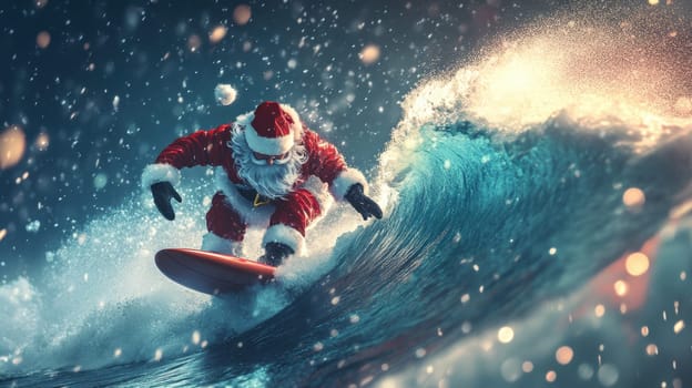 Surfing Santa Claus on a surfboard on the waves in the sea . Active vacation concept for New Year and Christmas.