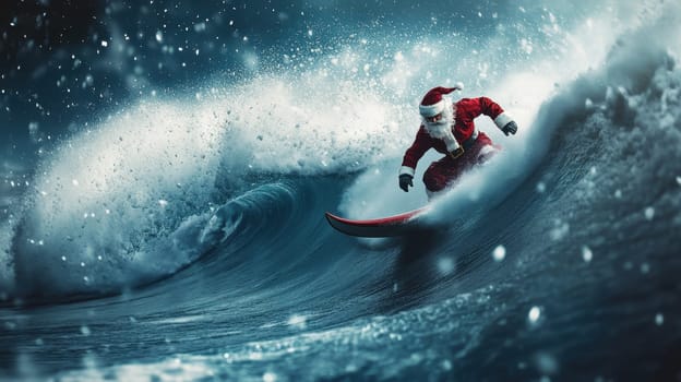 Santa Claus on a surfboard on ocean waves. New Year and Christmas active vacation concept.