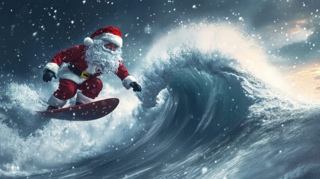 Santa Claus on a surfboard on ocean waves. New Year and Christmas active vacation concept.