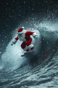 Santa Claus on a surfboard on ocean waves. New Year and Christmas active vacation concept.