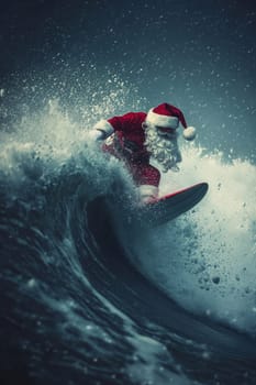 Surfing Santa Claus on a surfboard on the waves in the sea . Active vacation concept for New Year and Christmas.