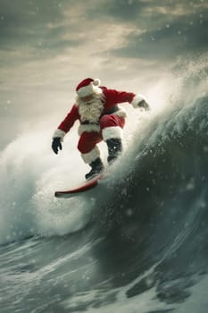 Santa Claus on a surfboard on ocean waves. New Year and Christmas active vacation concept.
