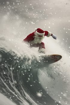 Santa Claus on a surfboard on ocean waves. New Year and Christmas active vacation concept.