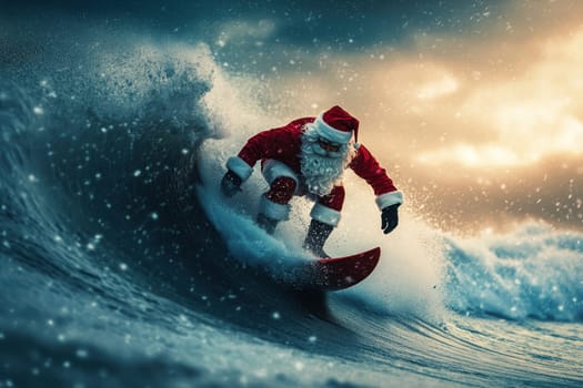 Surfing Santa Claus on a surfboard on the waves in the sea . Active vacation concept for New Year and Christmas.