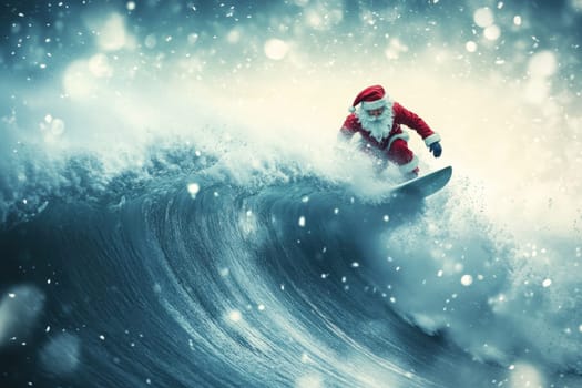 Surfing Santa Claus on a surfboard on the waves in the sea . Active vacation concept for New Year and Christmas.